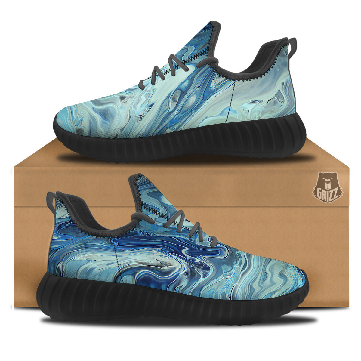 Acid Melt Blue Ocean Print Black Walking Shoes-grizzshop