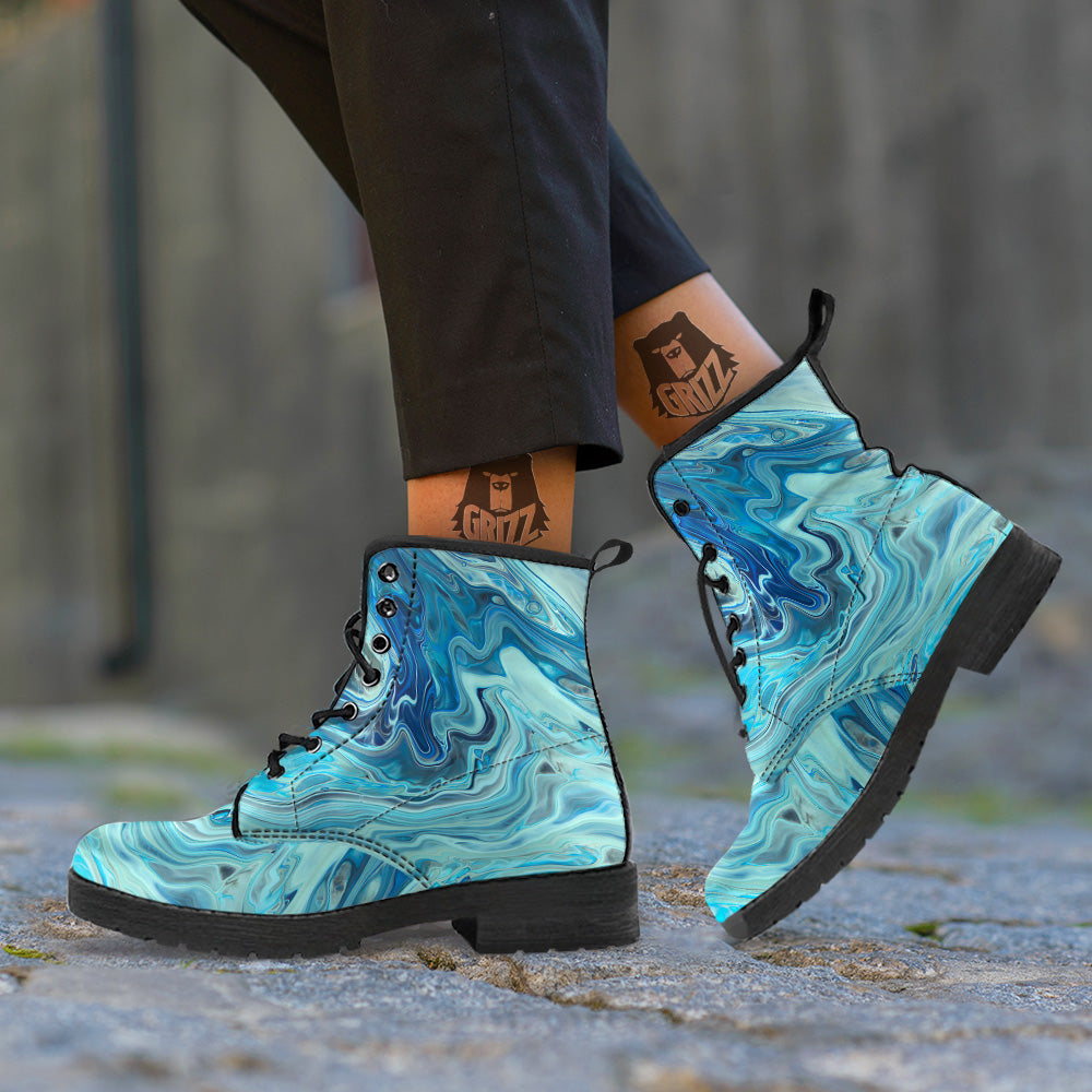 Acid Melt Blue Ocean Print Leather Boots-grizzshop