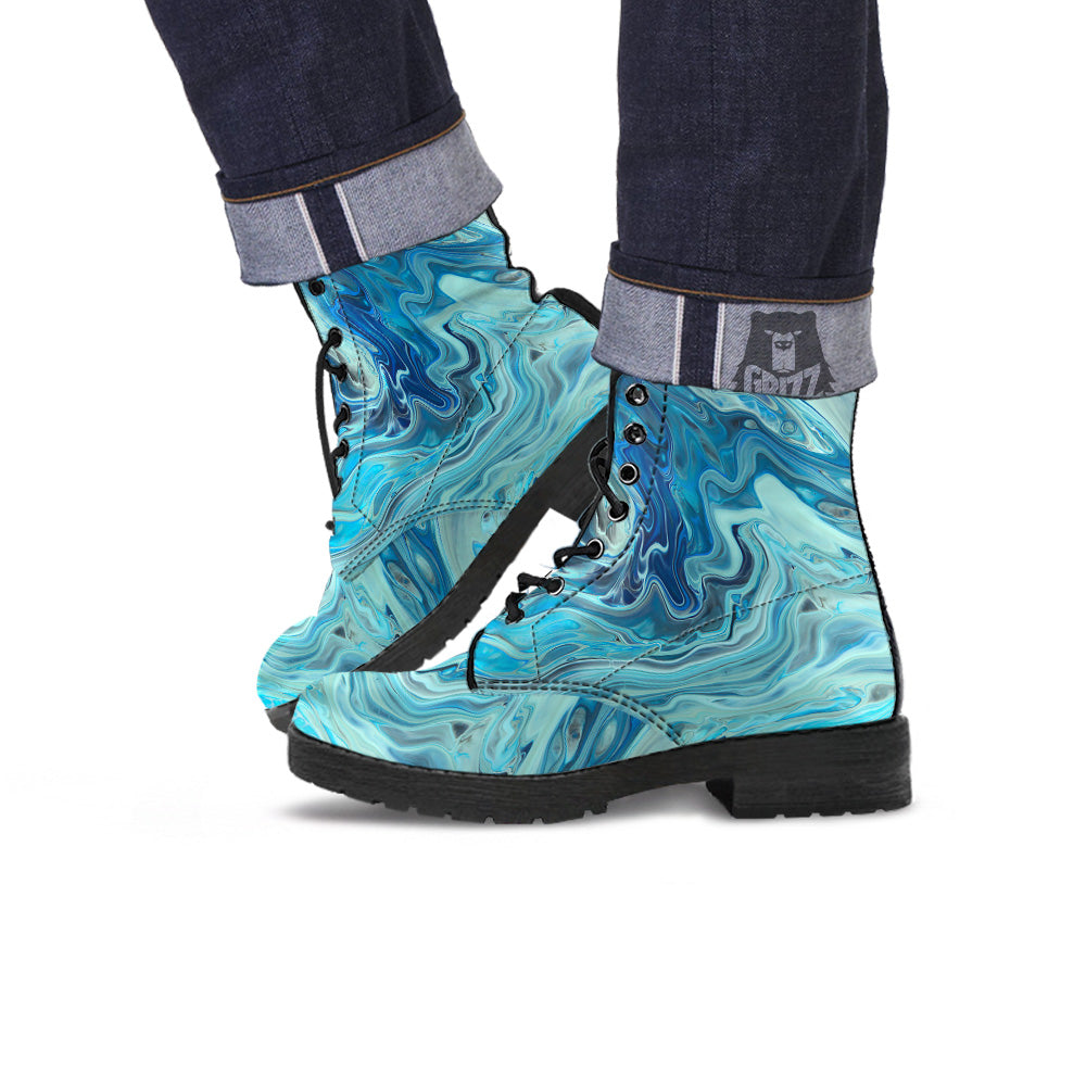 Acid Melt Blue Ocean Print Leather Boots-grizzshop