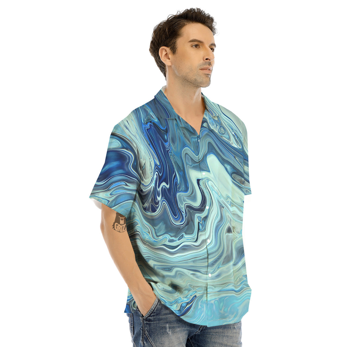 Acid Melt Blue Ocean Print Men's Hawaiian Shirt-grizzshop