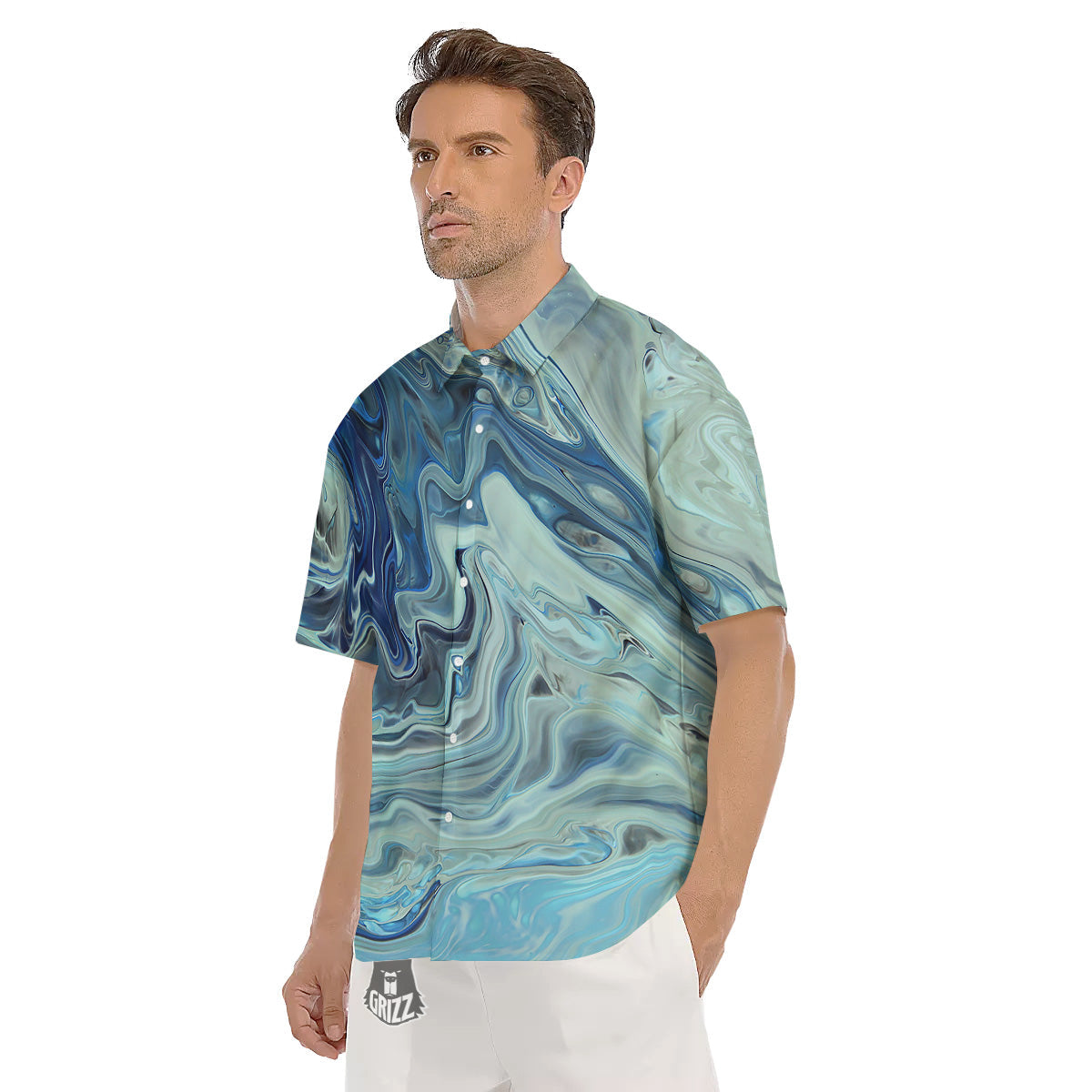 Acid Melt Blue Ocean Print Men's Short Sleeve Shirts-grizzshop