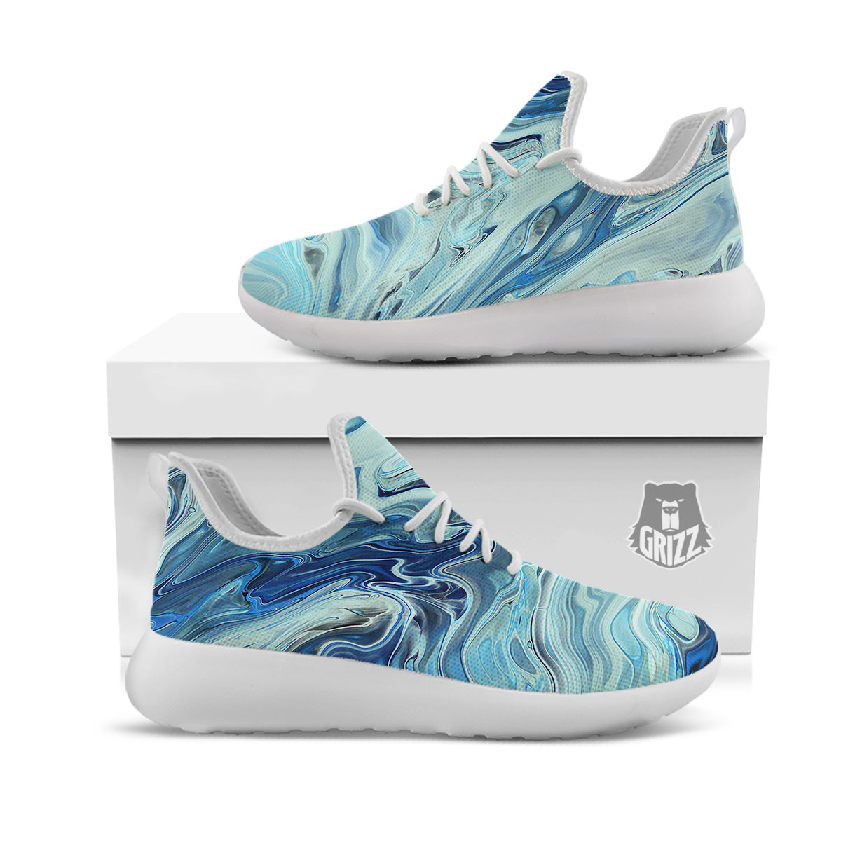 Acid Melt Blue Ocean Print White Athletic Shoes-grizzshop