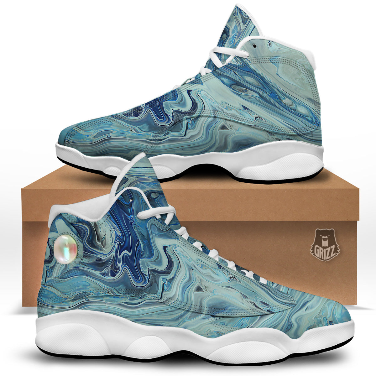 Acid Melt Blue Ocean Print White Basketball Shoes-grizzshop