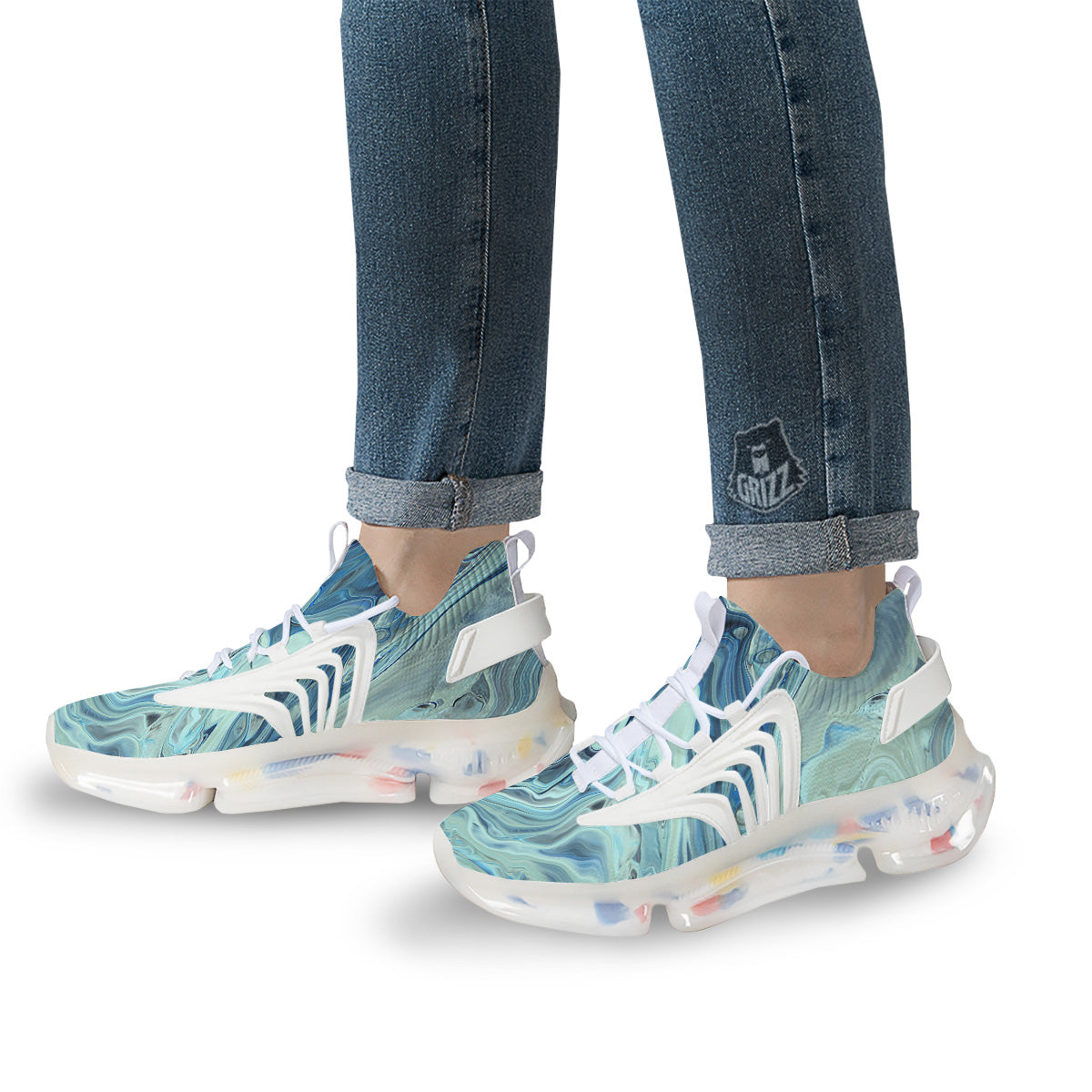 Acid Melt Blue Ocean Print White Gym Shoes-grizzshop
