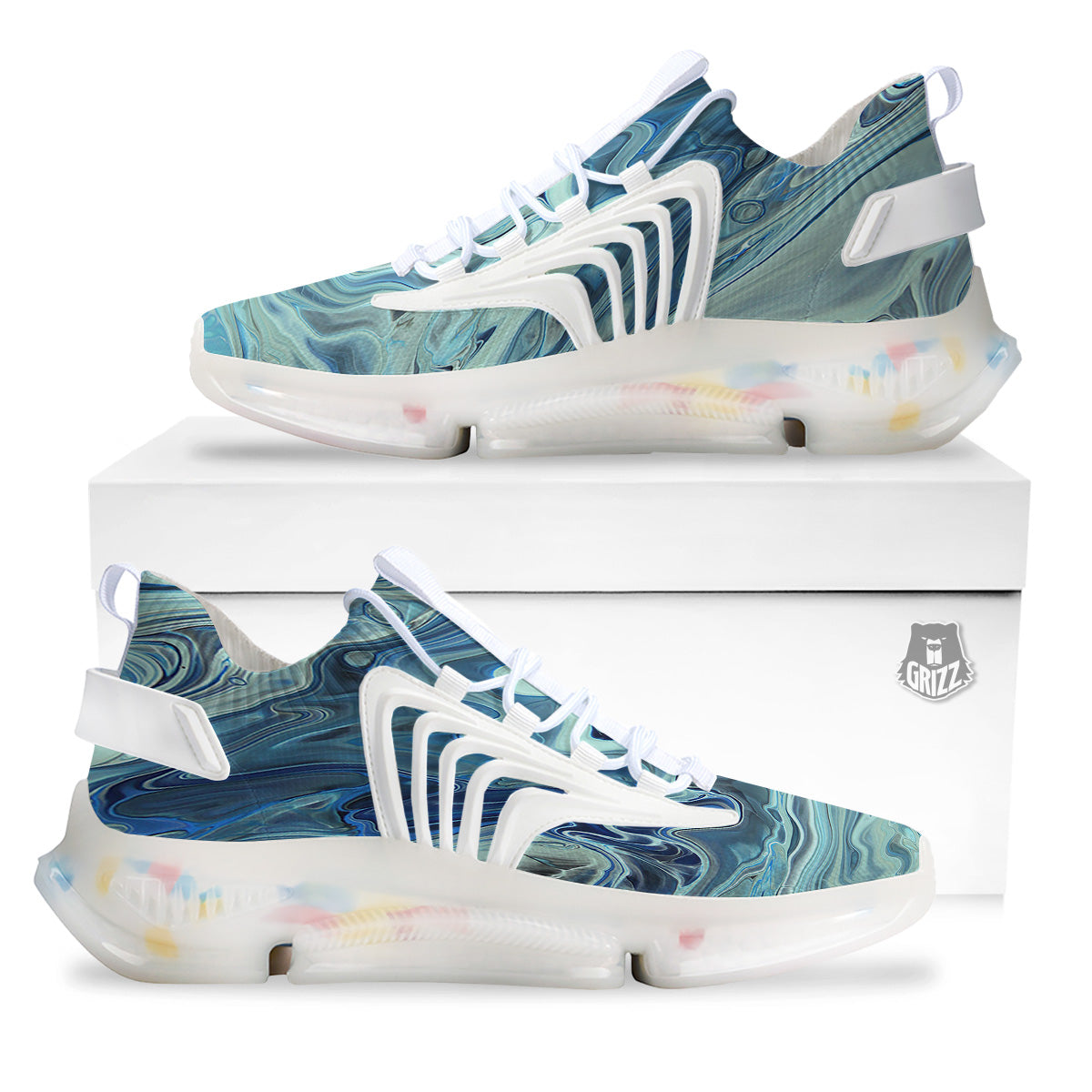 Acid Melt Blue Ocean Print White Gym Shoes-grizzshop