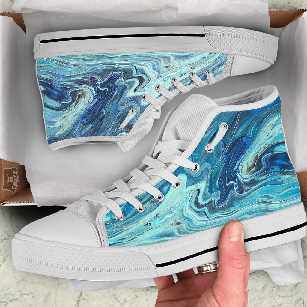 Acid Melt Blue Ocean Print White High Top Shoes-grizzshop