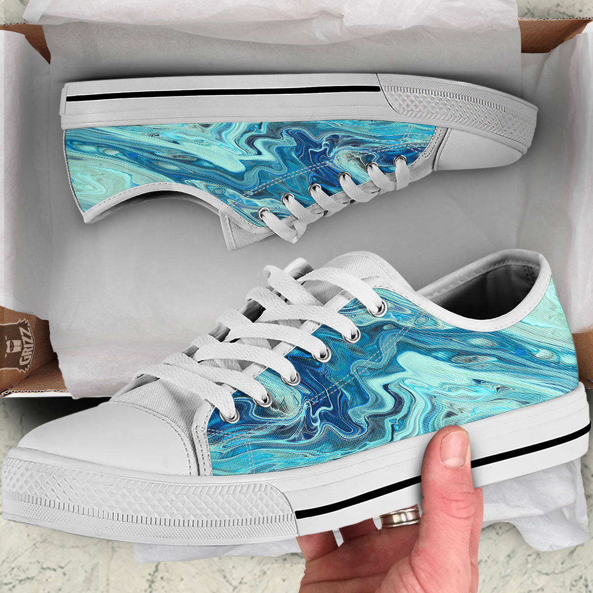 Acid Melt Blue Ocean Print White Low Top Shoes-grizzshop