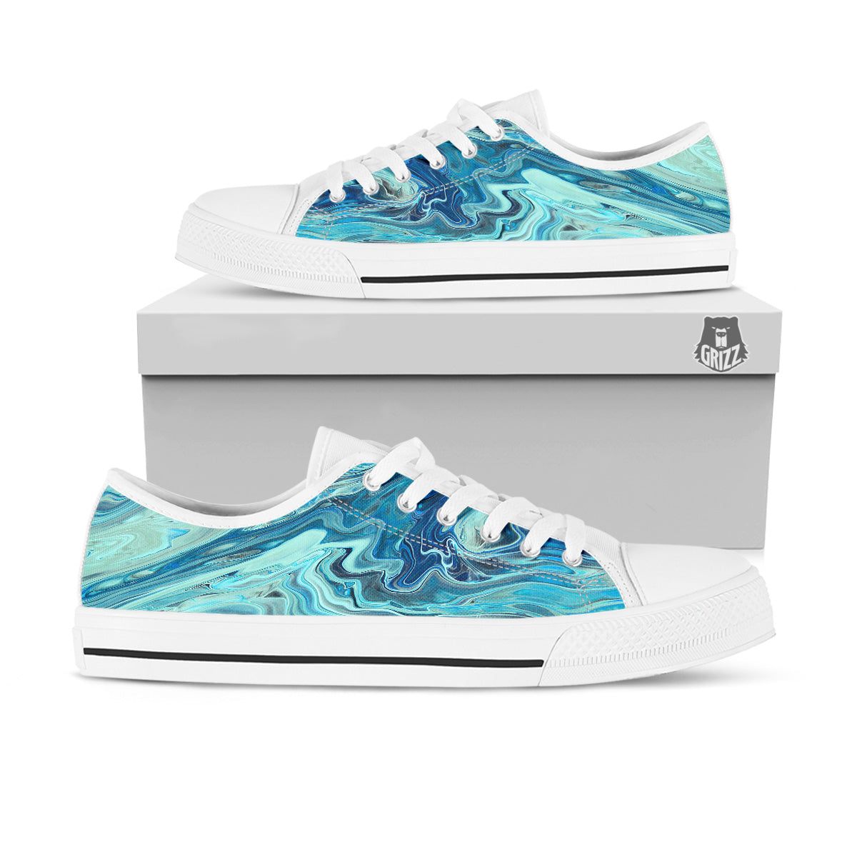 Acid Melt Blue Ocean Print White Low Top Shoes-grizzshop