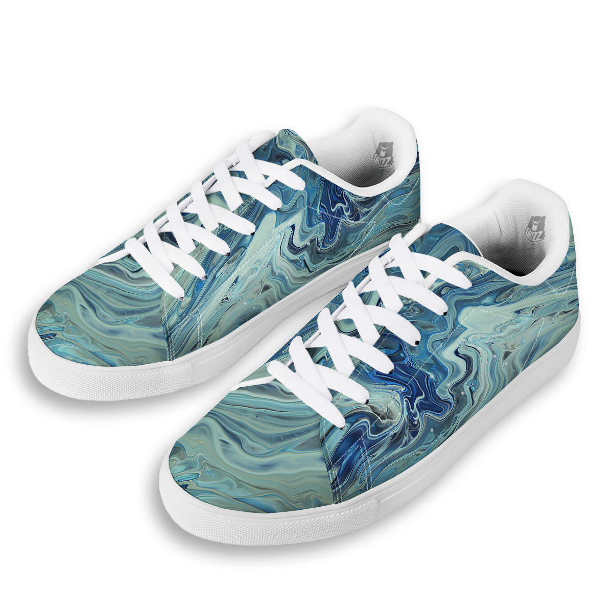 Acid Melt Blue Ocean Print White Low Top Sneakers-grizzshop