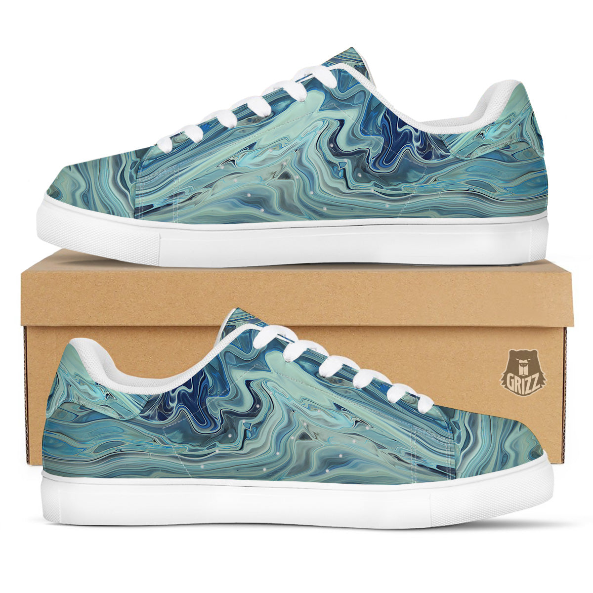 Acid Melt Blue Ocean Print White Low Top Sneakers-grizzshop