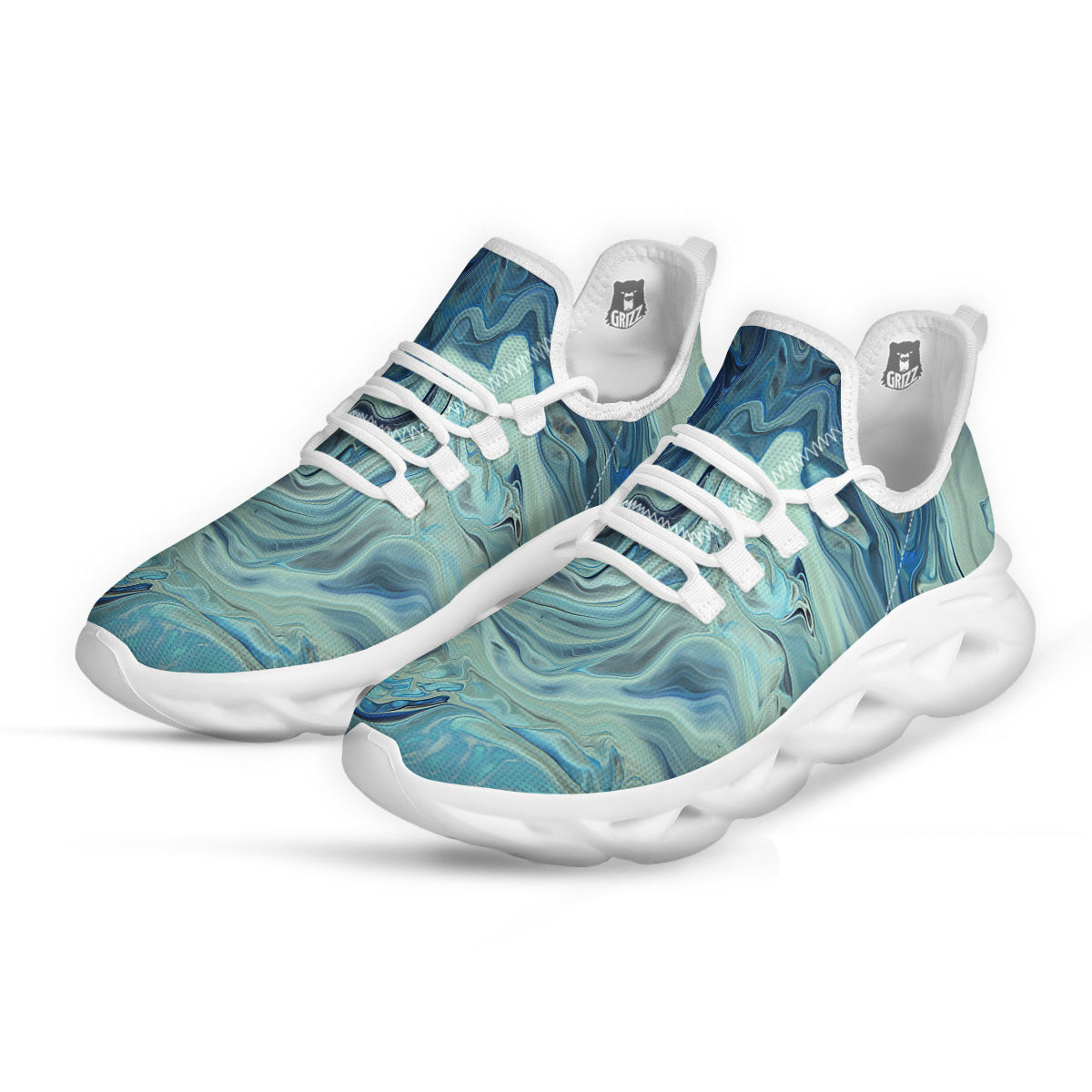 Acid Melt Blue Ocean Print White Running Shoes-grizzshop