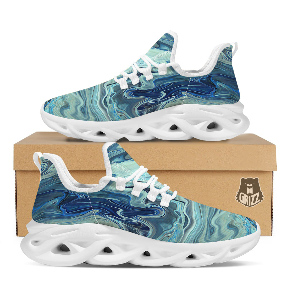 Acid Melt Blue Ocean Print White Running Shoes-grizzshop