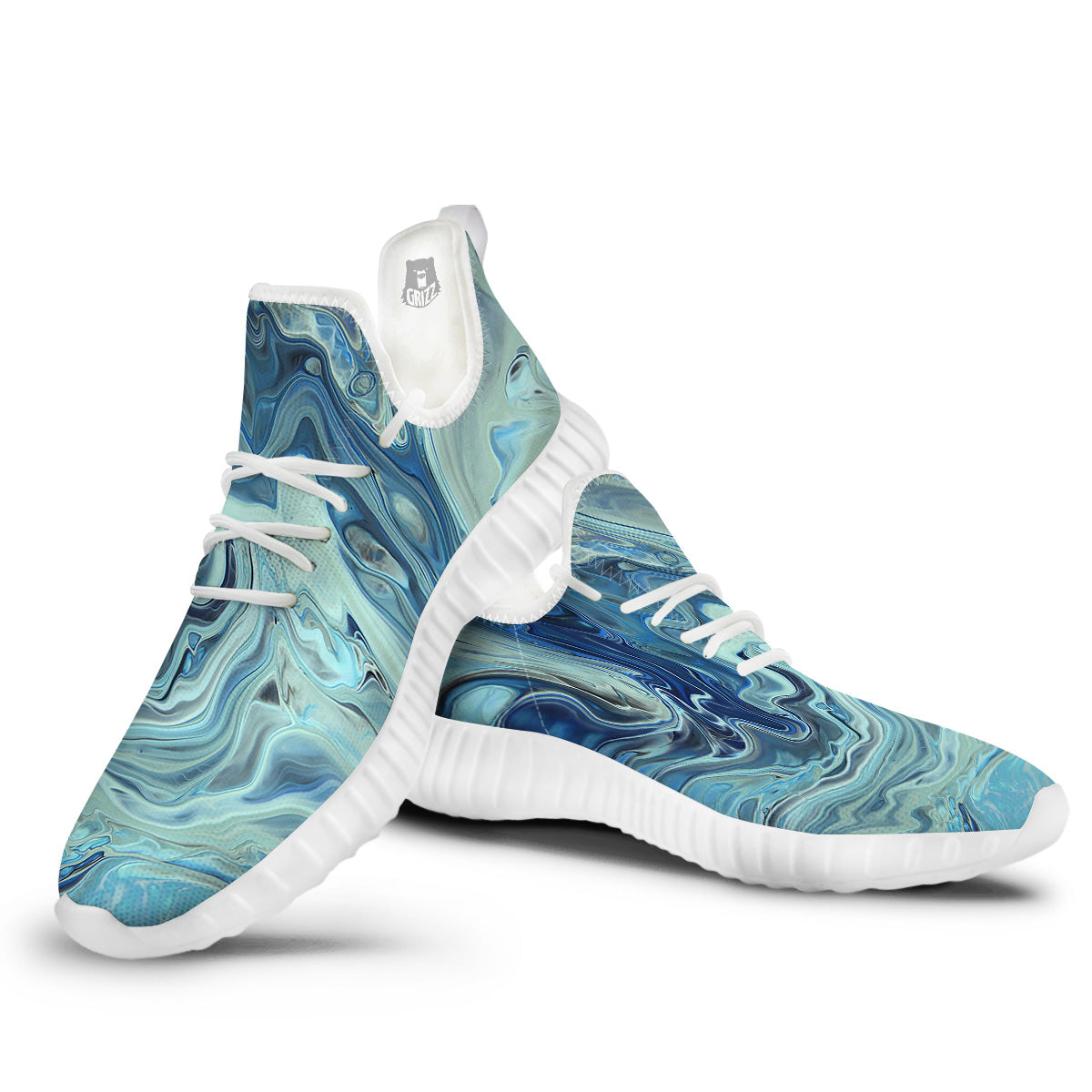 Acid Melt Blue Ocean Print White Walking Shoes-grizzshop