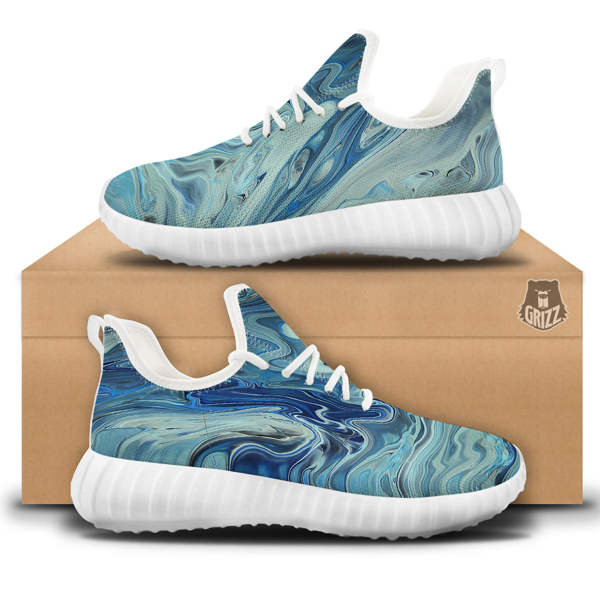 Acid Melt Blue Ocean Print White Walking Shoes-grizzshop