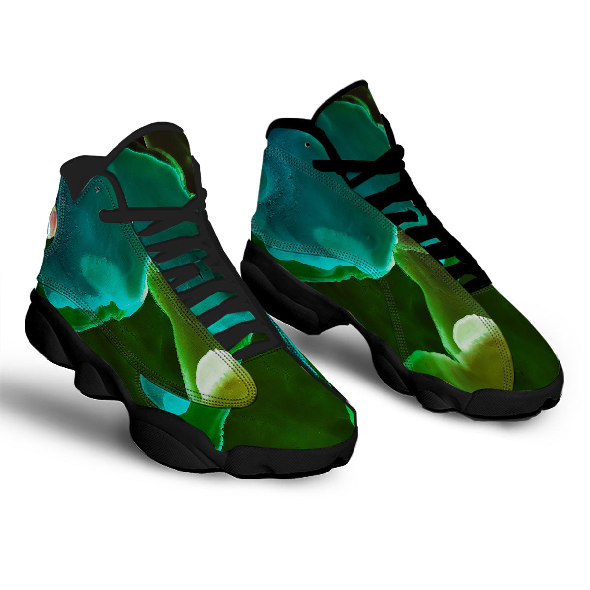 Acid Melt Green And Turquoise Print Black Basketball Shoes-grizzshop