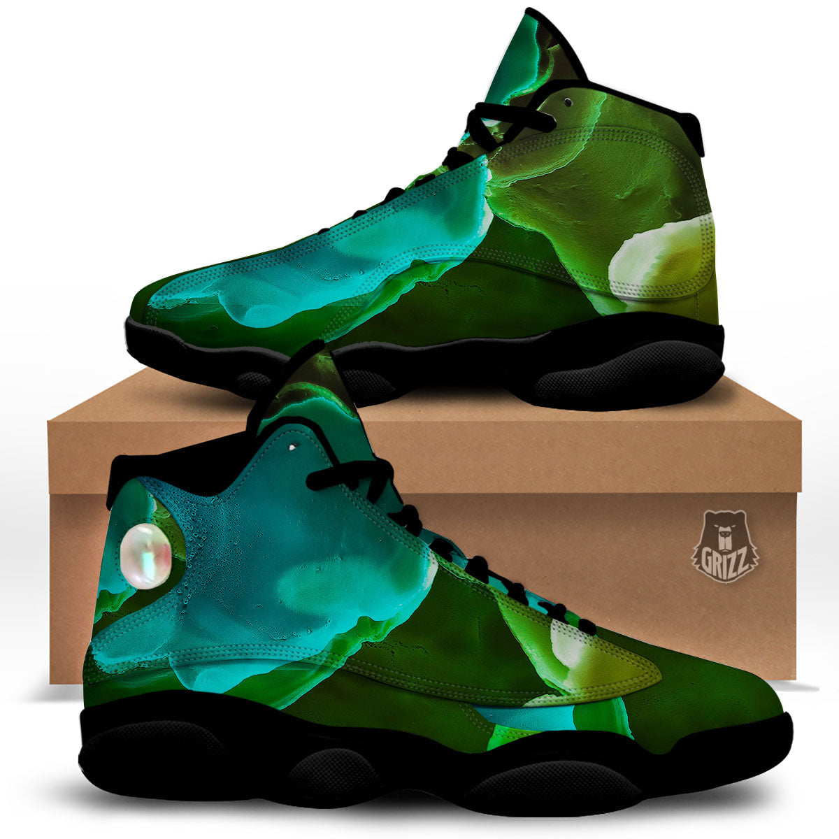 Acid Melt Green And Turquoise Print Black Basketball Shoes-grizzshop