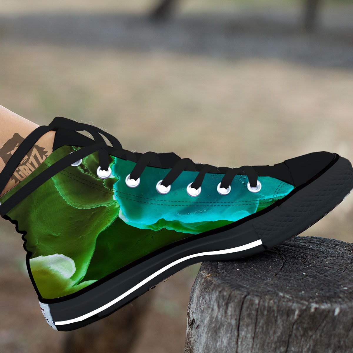 Acid Melt Green And Turquoise Print Black High Top Shoes-grizzshop