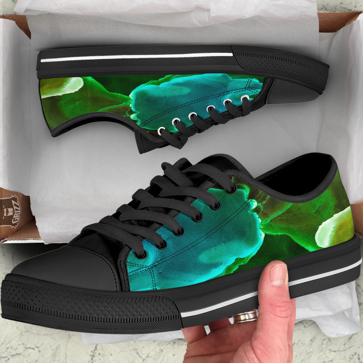 Acid Melt Green And Turquoise Print Black Low Top Shoes-grizzshop