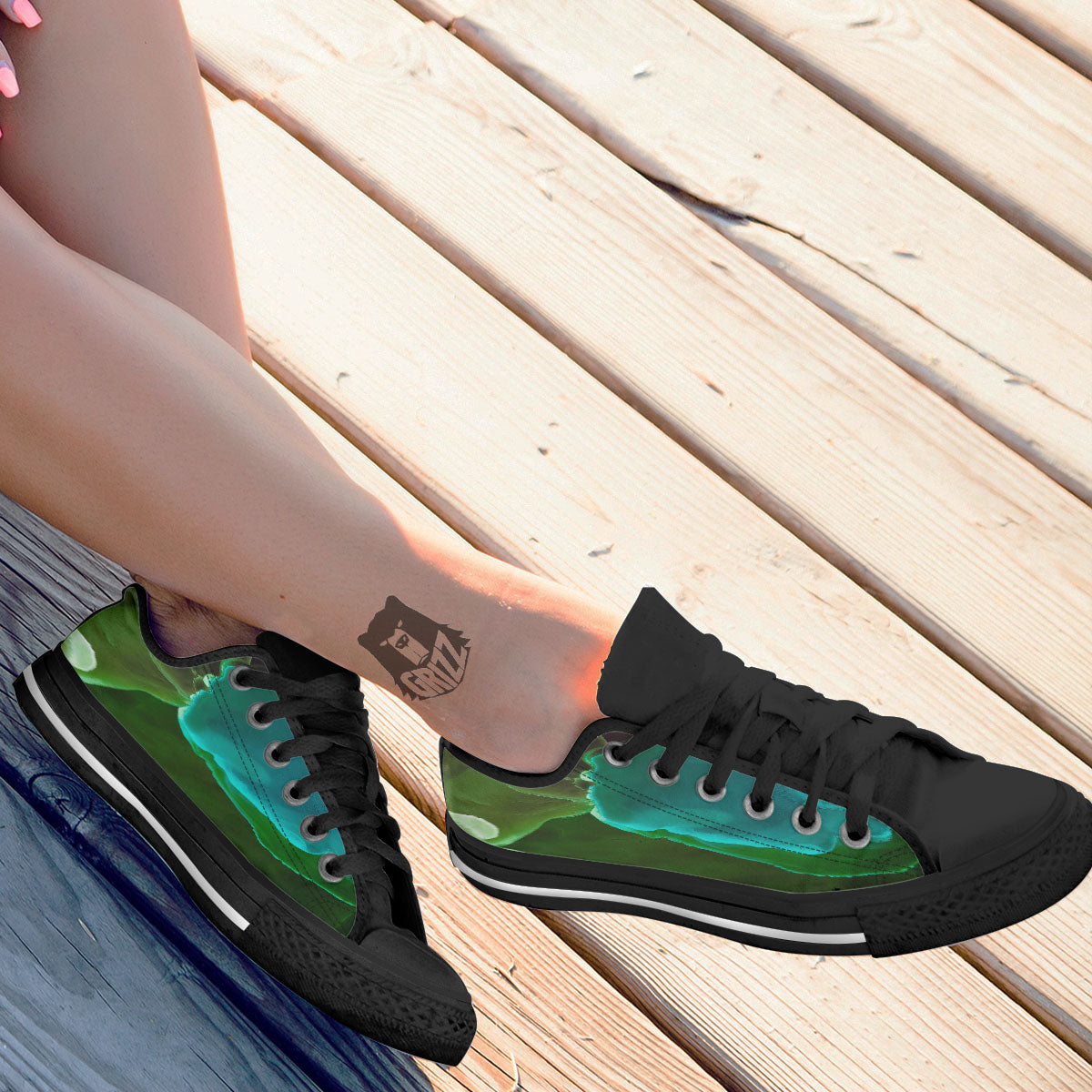 Acid Melt Green And Turquoise Print Black Low Top Shoes-grizzshop