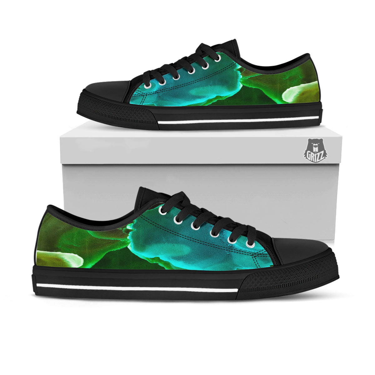 Acid Melt Green And Turquoise Print Black Low Top Shoes-grizzshop