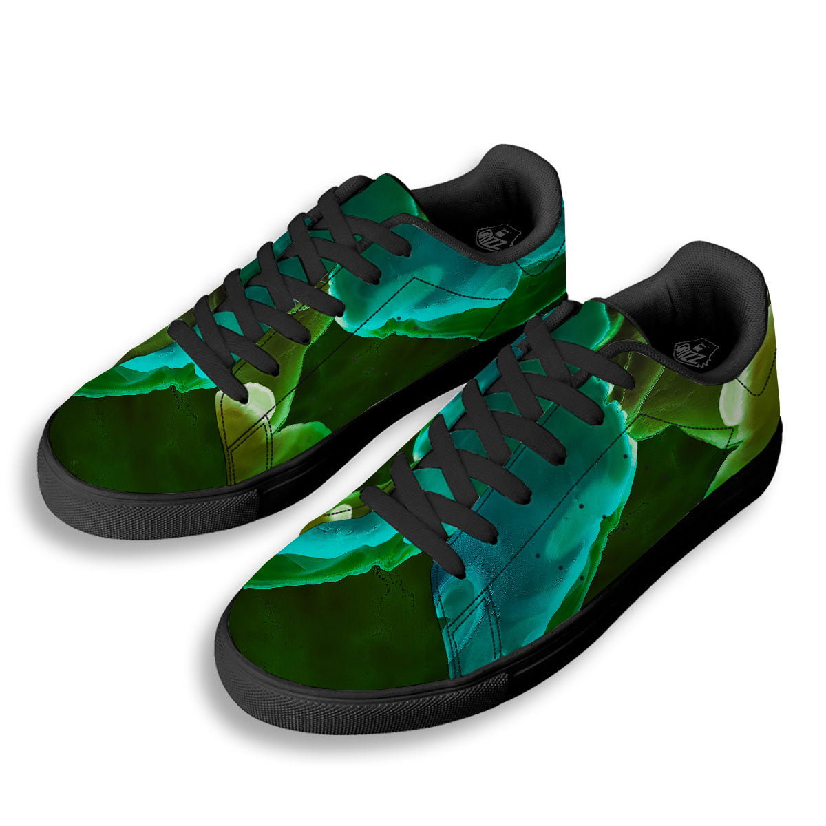 Acid Melt Green And Turquoise Print Black Low Top Sneakers-grizzshop