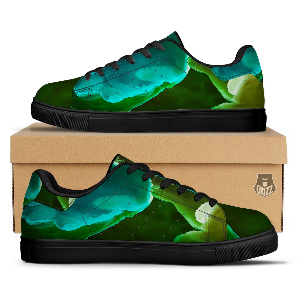 Acid Melt Green And Turquoise Print Black Low Top Sneakers-grizzshop