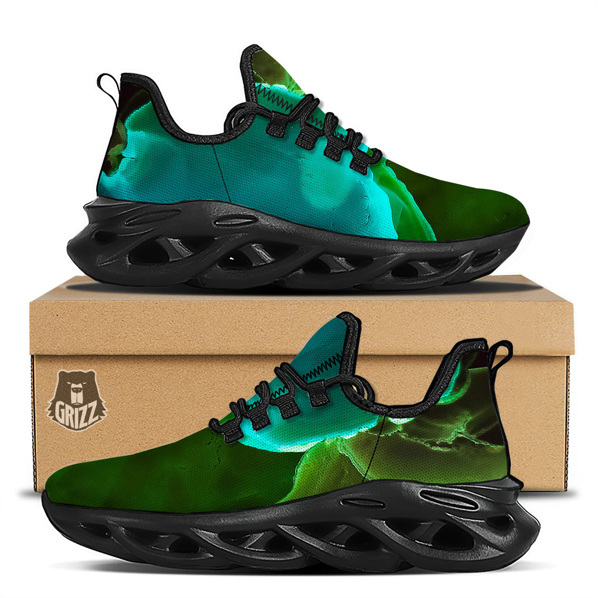 Acid Melt Green And Turquoise Print Black Running Shoes-grizzshop