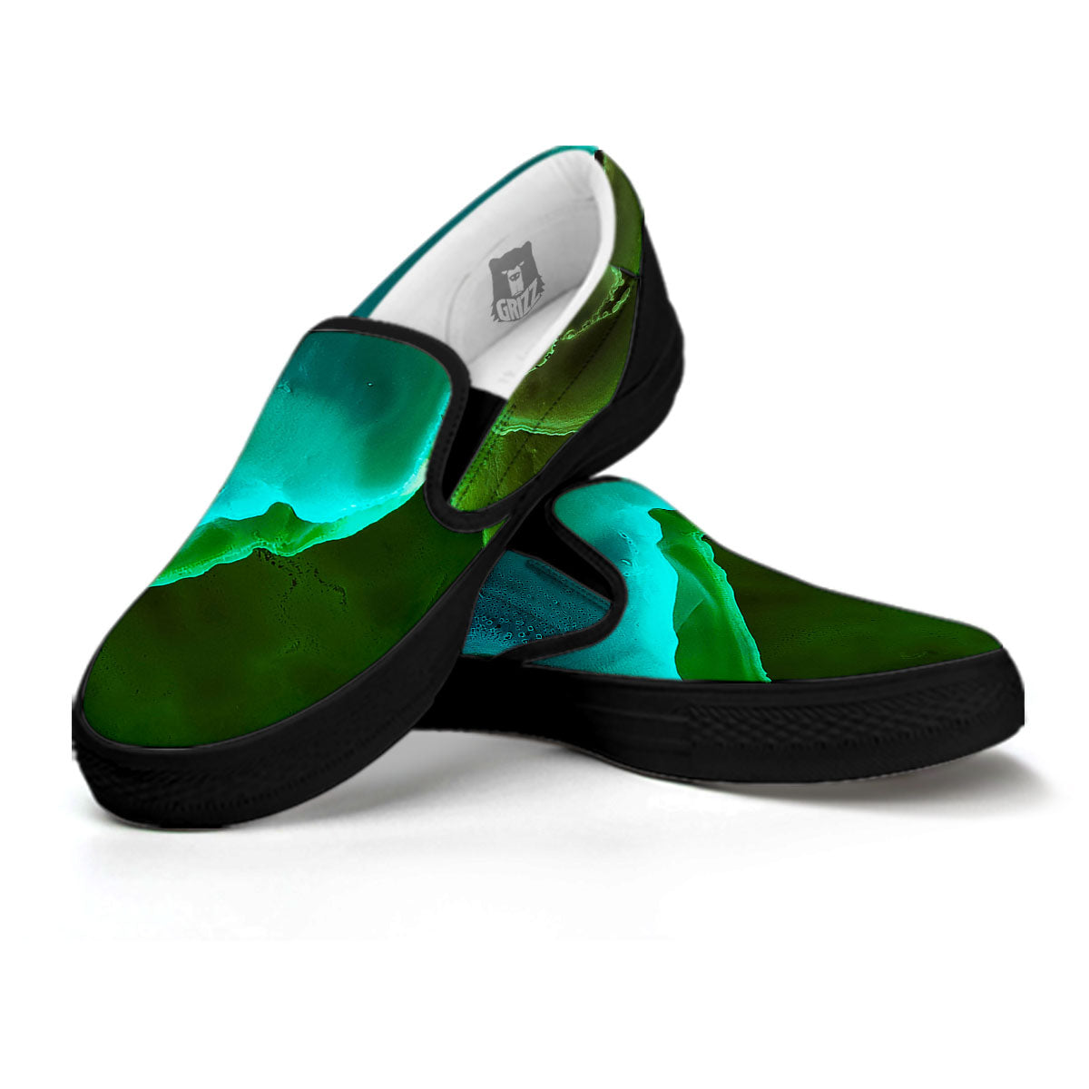 Acid Melt Green And Turquoise Print Black Slip On Shoes-grizzshop