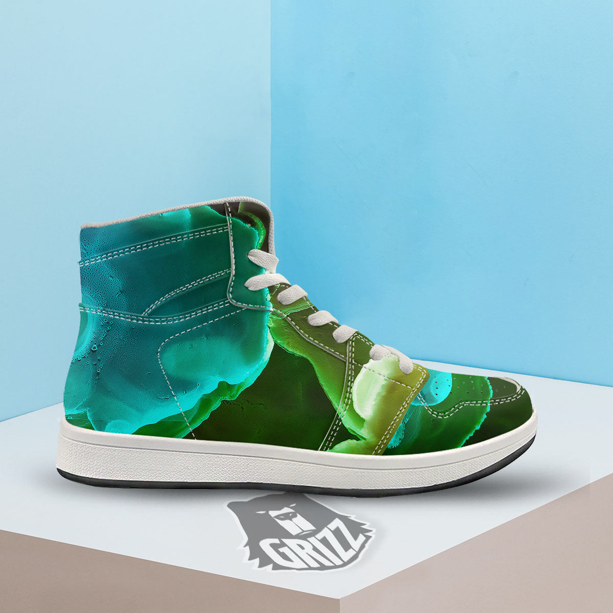 Acid Melt Green And Turquoise Print High Top Sneakers-grizzshop