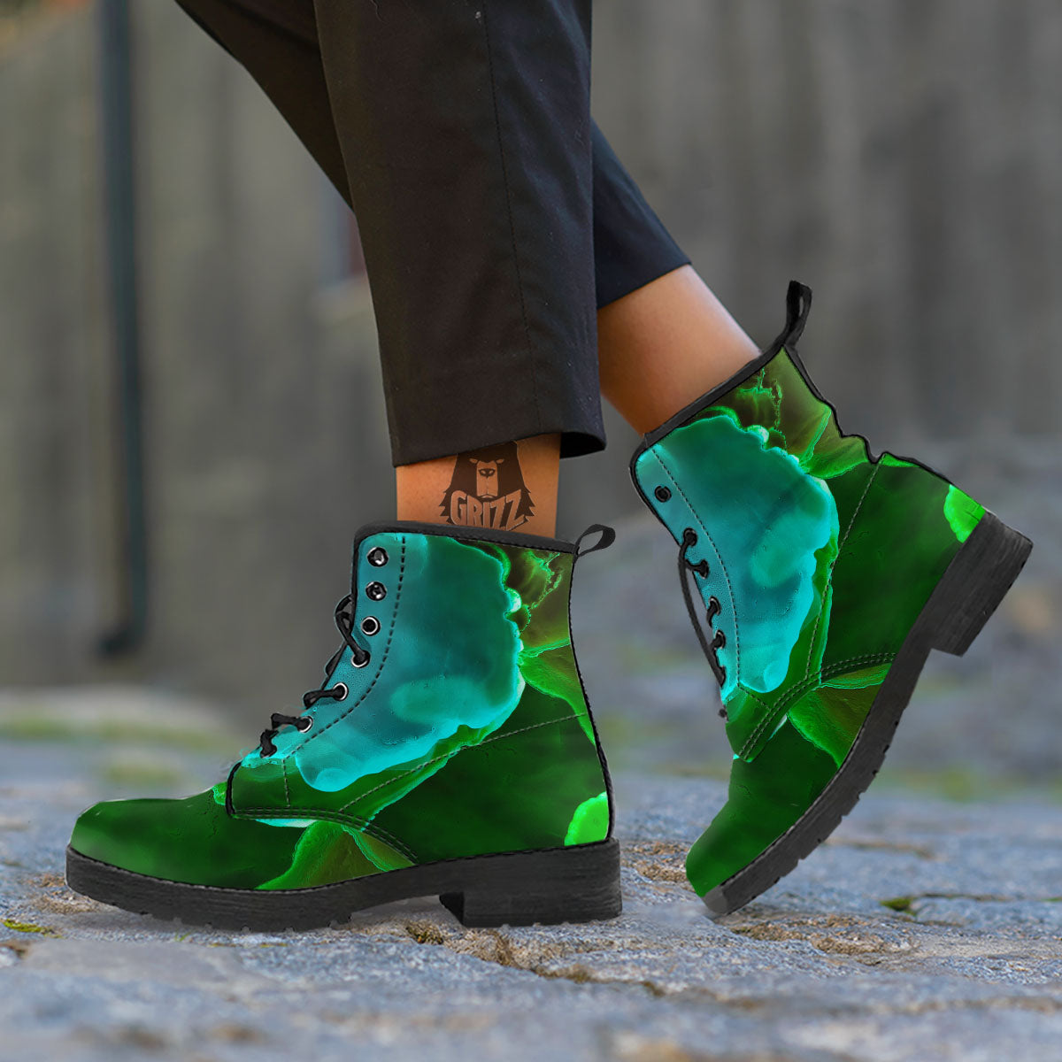 Acid Melt Green And Turquoise Print Leather Boots-grizzshop