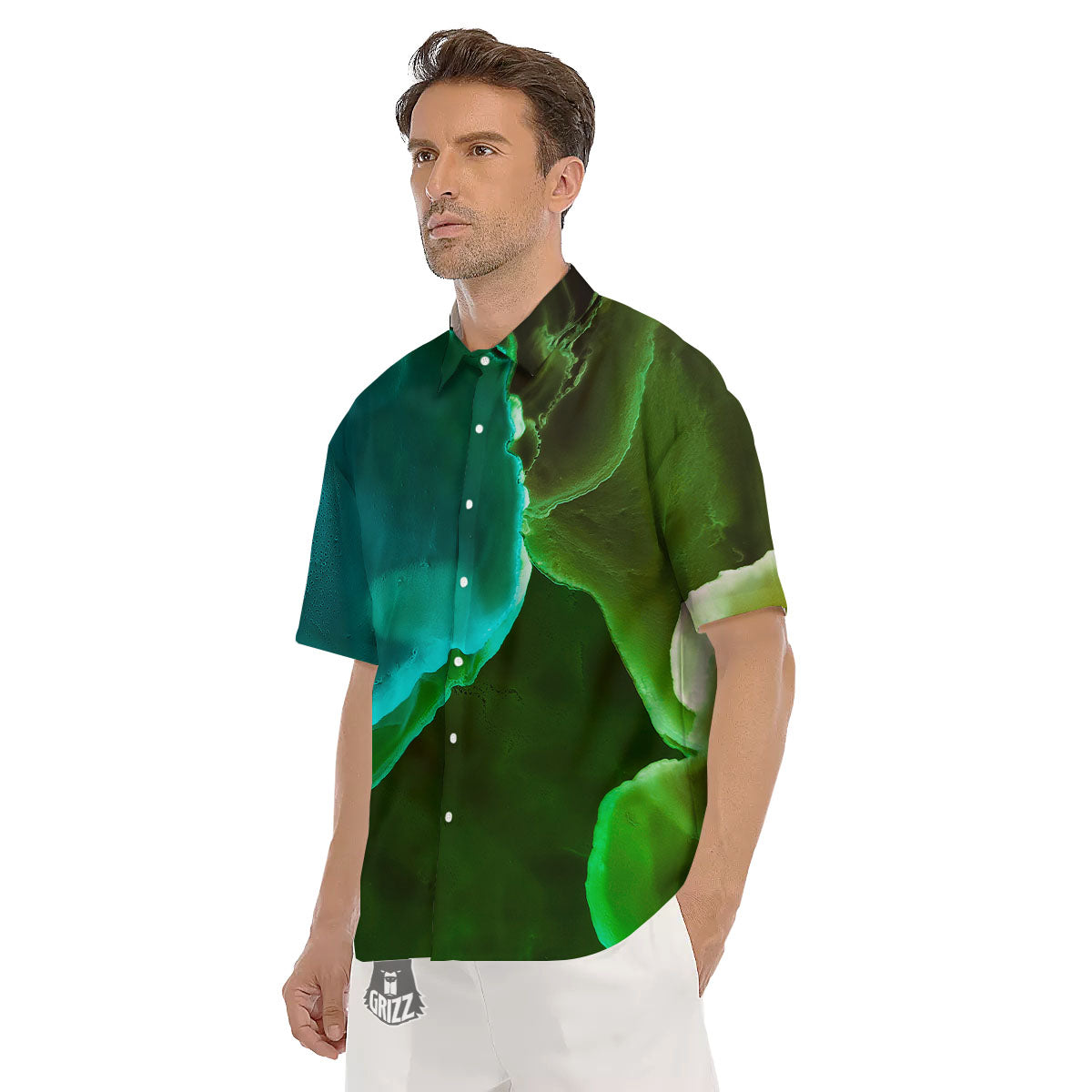 Acid Melt Green And Turquoise Print Men's Short Sleeve Shirts-grizzshop