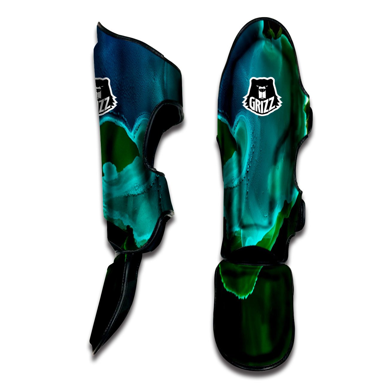 Acid Melt Green And Turquoise Print Muay Thai Shin Guards-grizzshop