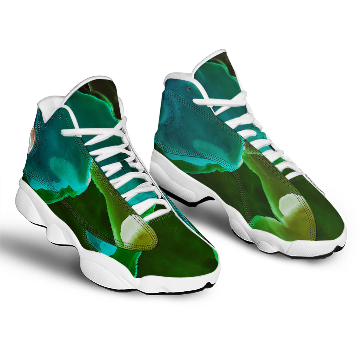 Acid Melt Green And Turquoise Print White Basketball Shoes-grizzshop