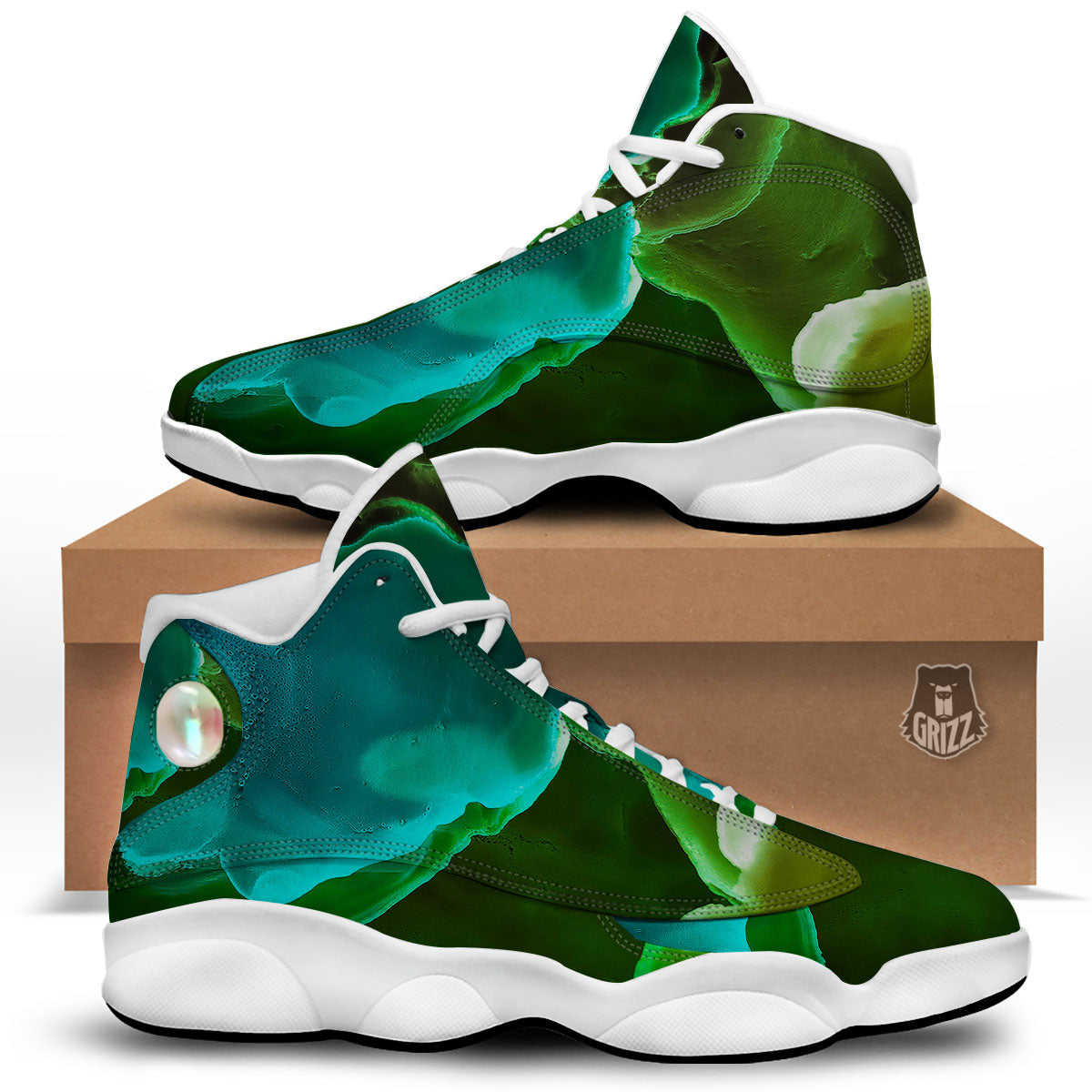 Acid Melt Green And Turquoise Print White Basketball Shoes-grizzshop