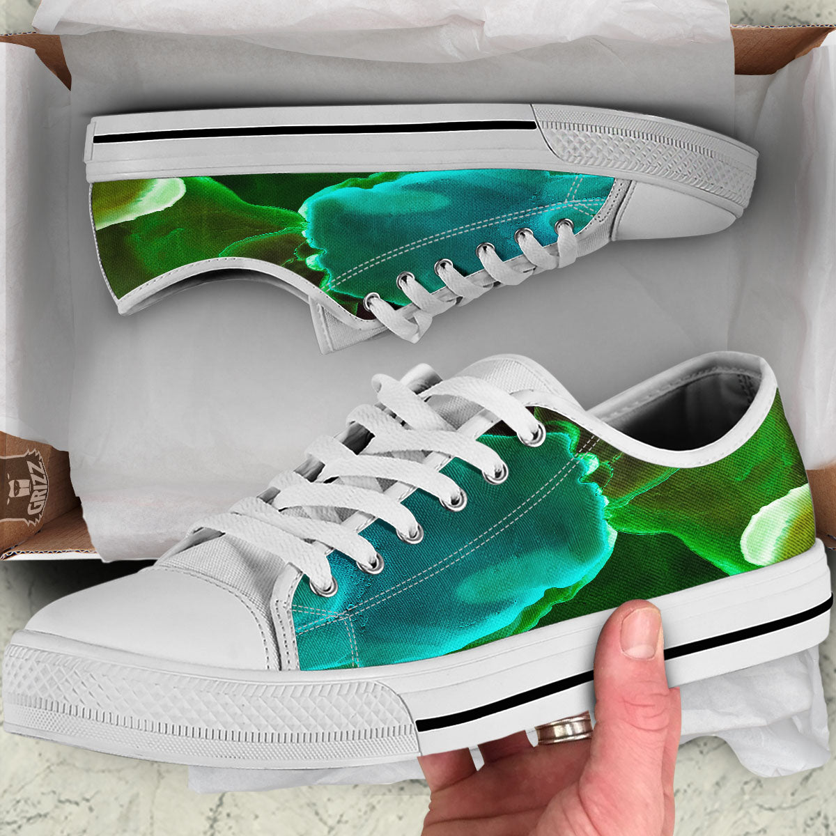 Acid Melt Green And Turquoise Print White Low Top Shoes-grizzshop