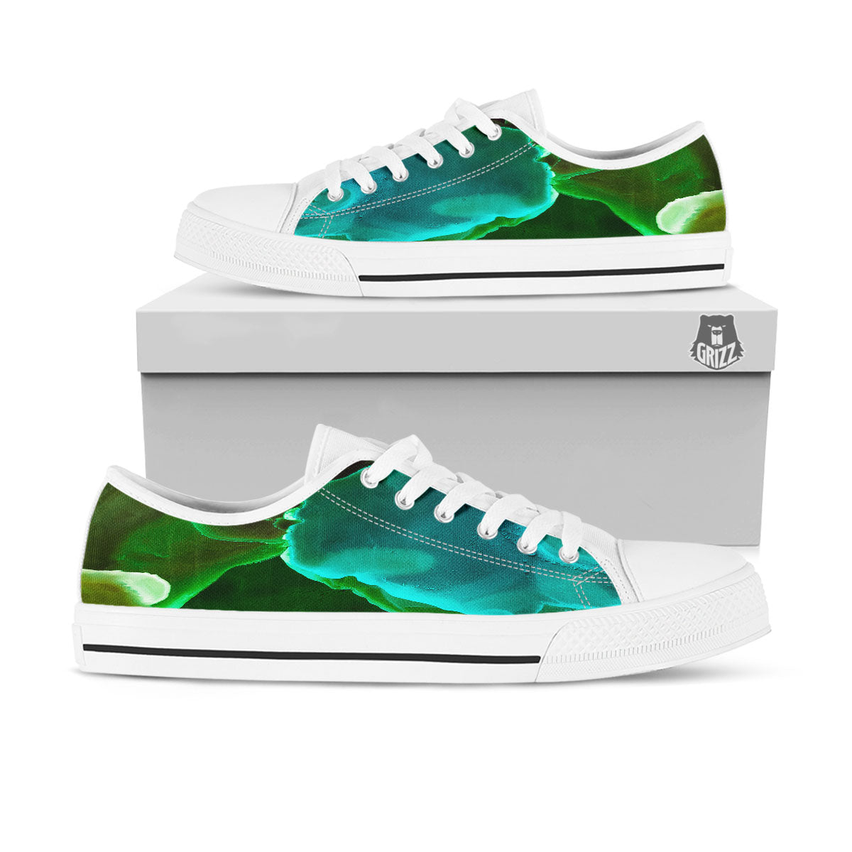 Acid Melt Green And Turquoise Print White Low Top Shoes-grizzshop