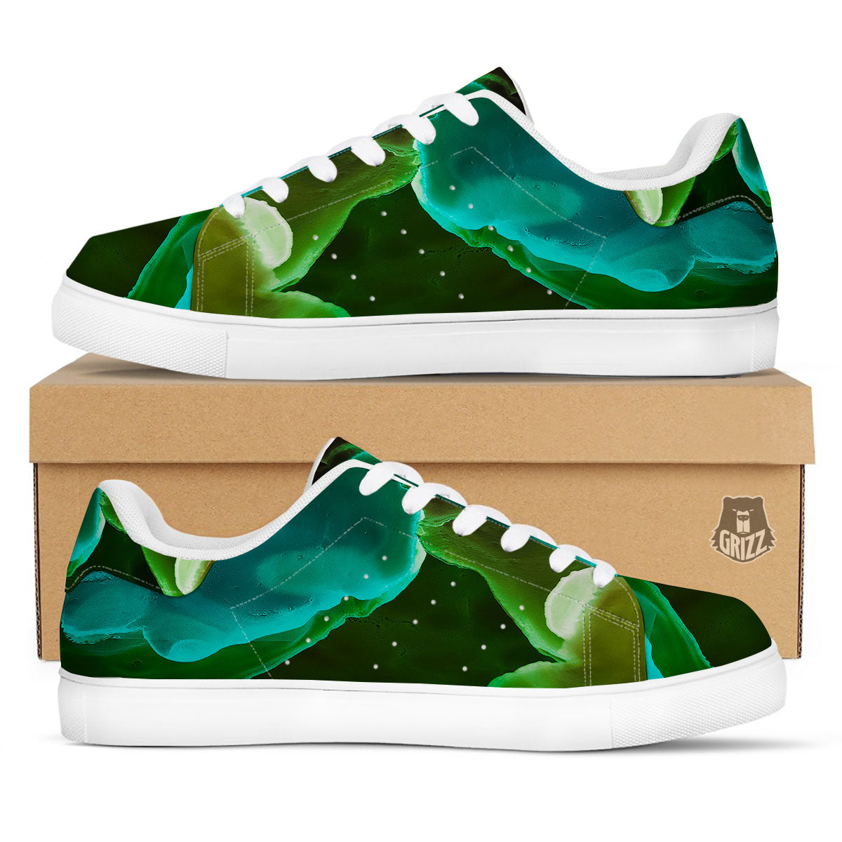 Acid Melt Green And Turquoise Print White Low Top Sneakers-grizzshop