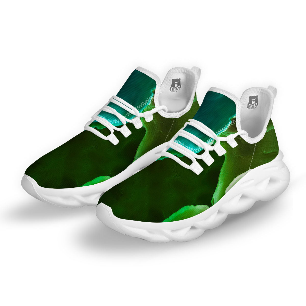 Acid Melt Green And Turquoise Print White Running Shoes-grizzshop