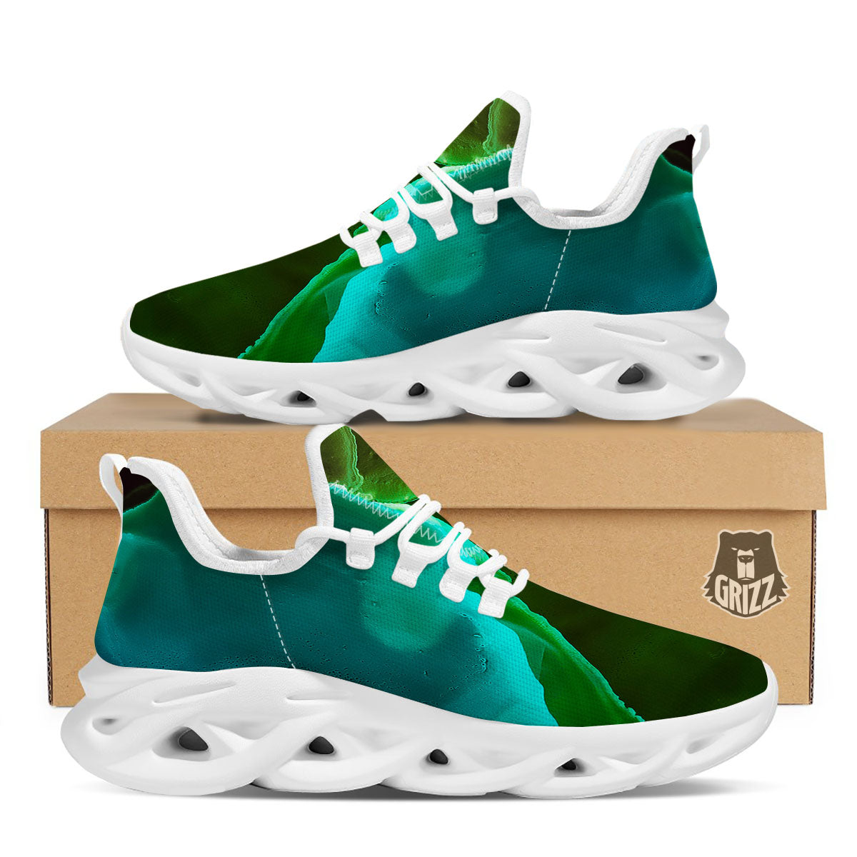 Acid Melt Green And Turquoise Print White Running Shoes-grizzshop