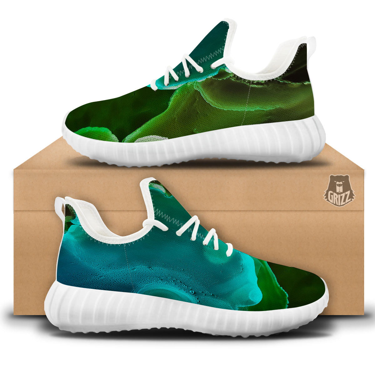 Acid Melt Green And Turquoise Print White Walking Shoes-grizzshop