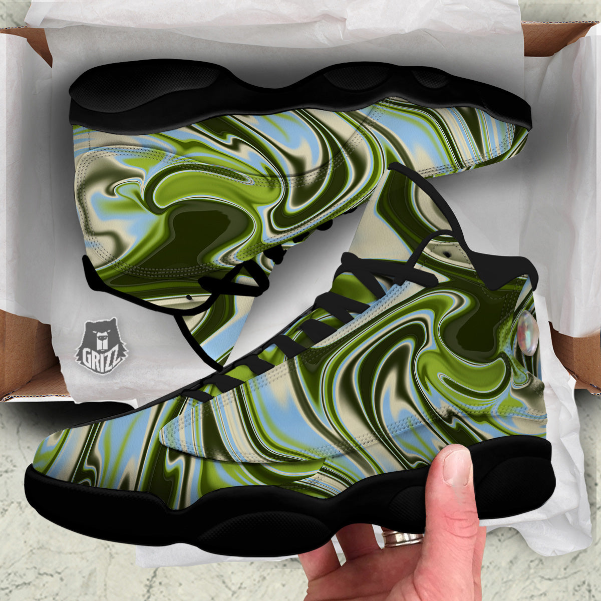 Acid Melt Green Print Black Basketball Shoes-grizzshop