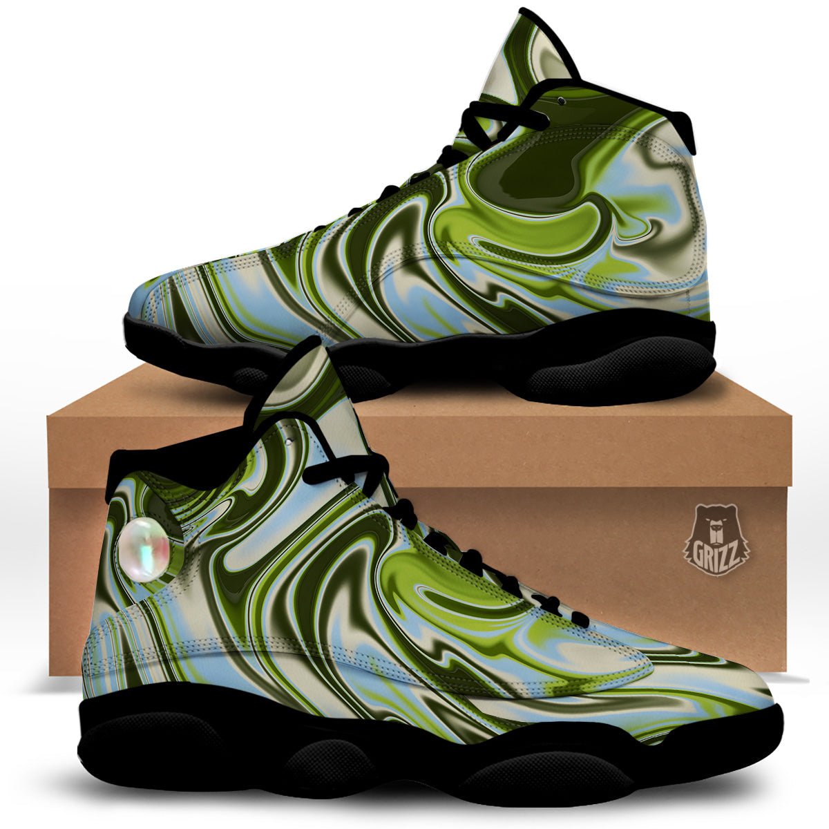 Acid Melt Green Print Black Basketball Shoes-grizzshop