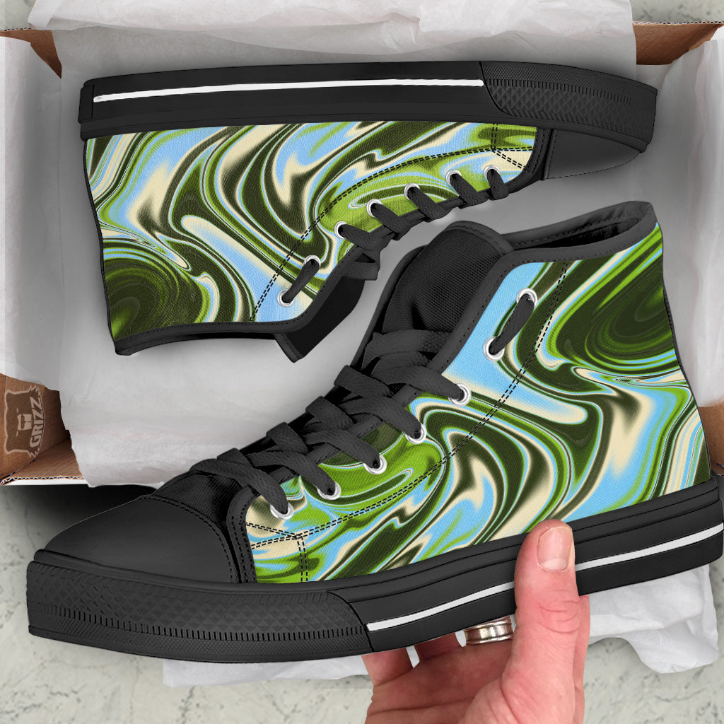 Acid Melt Green Print Black High Top Shoes-grizzshop