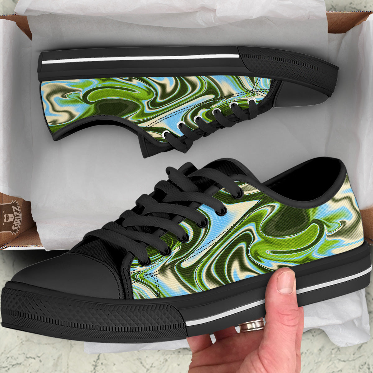 Acid Melt Green Print Black Low Top Shoes-grizzshop