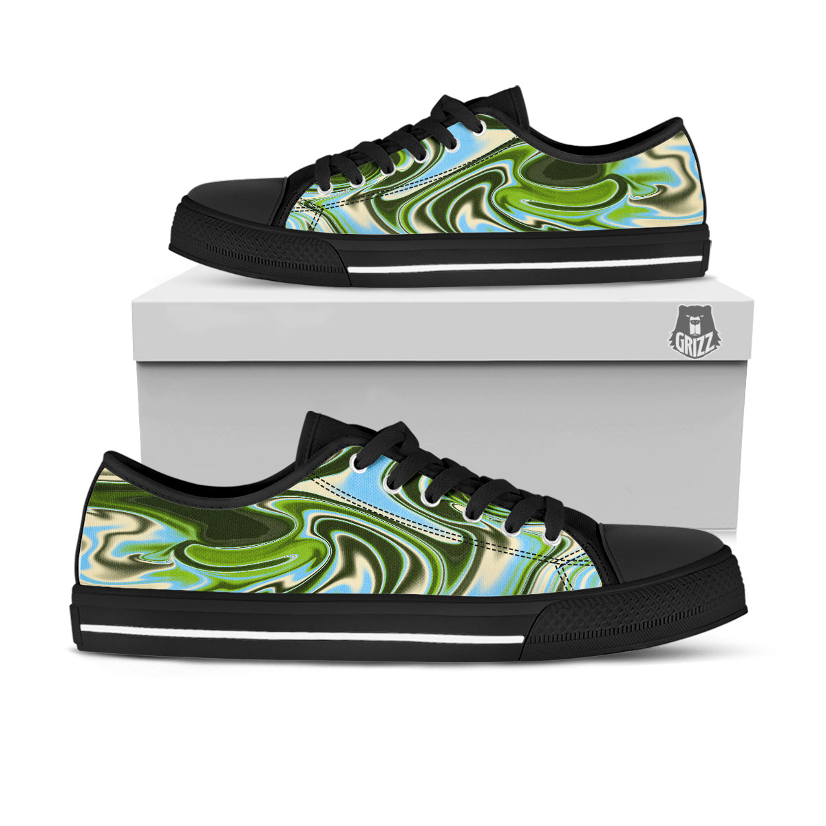 Acid Melt Green Print Black Low Top Shoes-grizzshop