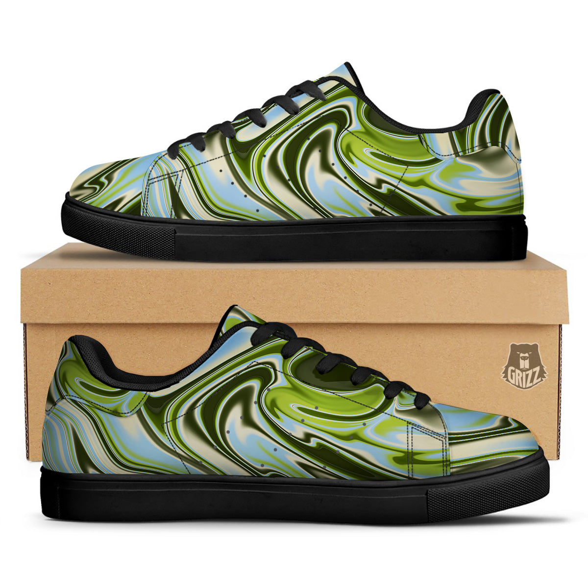 Acid Melt Green Print Black Low Top Sneakers-grizzshop