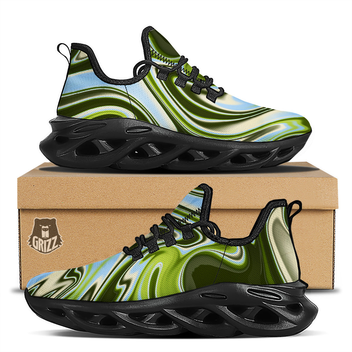 Acid Melt Green Print Black Running Shoes-grizzshop