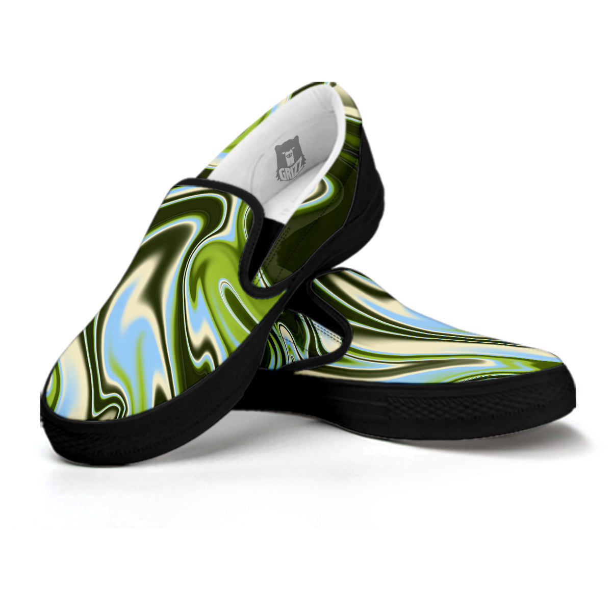 Acid Melt Green Print Black Slip On Shoes-grizzshop