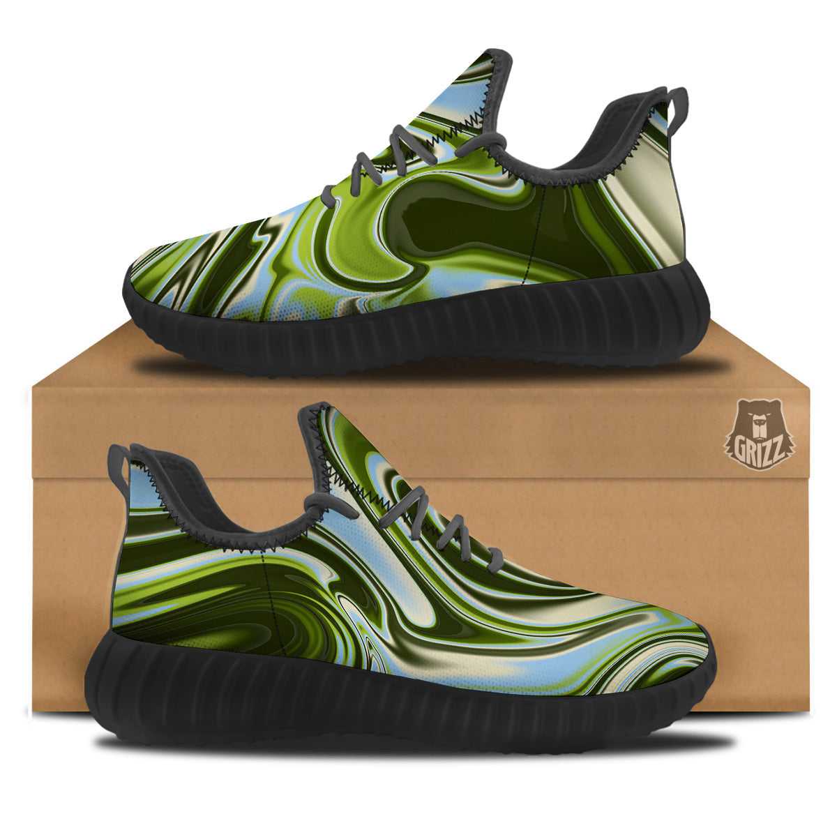 Acid Melt Green Print Black Walking Shoes-grizzshop