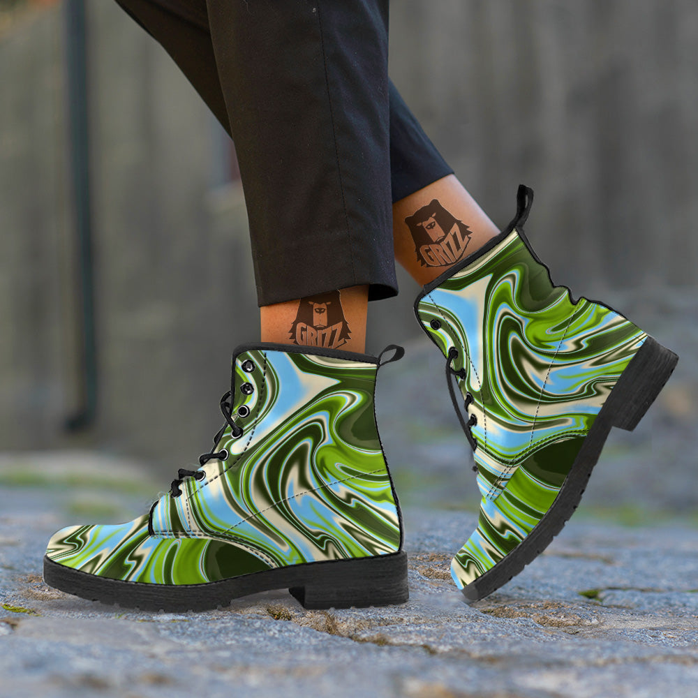 Acid Melt Green Print Leather Boots-grizzshop